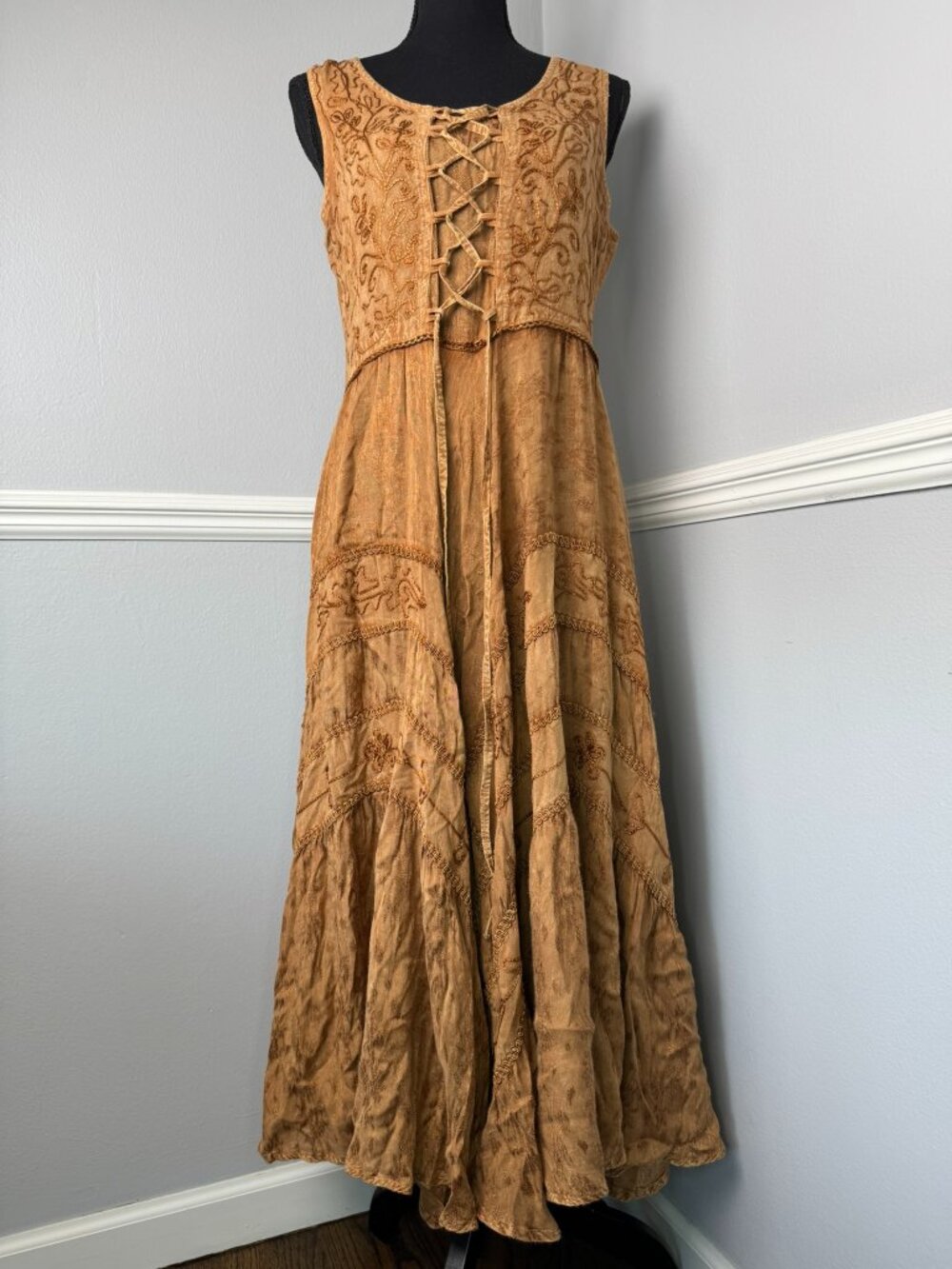 Scully XS Brown Western Lace Up Sleeveless Boho Jacquard Flowy Intricate Cowgirl